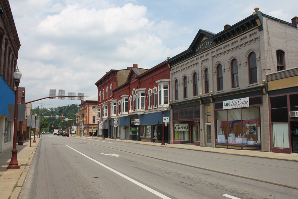 Historic storefronts along a street in downtown Franklin, Pennsylvania